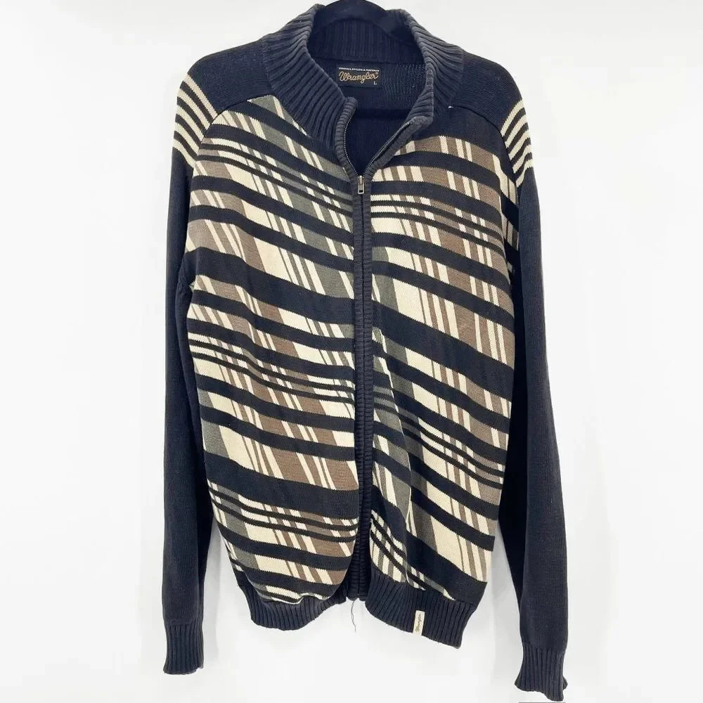 Wrangler Black Zip Up Knit Sweater Long‎ Sleeve Striped Print Men's Size L